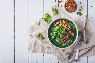 High angle view of soup in bowl on table