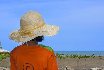 Rear view of man looking at sea against sky