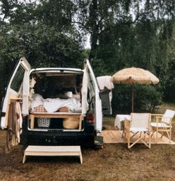 Chairs and tables on chair in forest