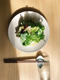 High angle view of salad in bowl on table
