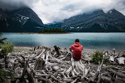 Rear view of man sitting on driftwood against lake