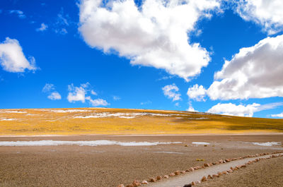 Scenic view of desert against blue sky