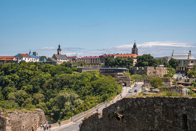 Buildings in city against clear sky