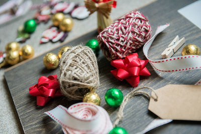 High angle view of christmas decoration on table