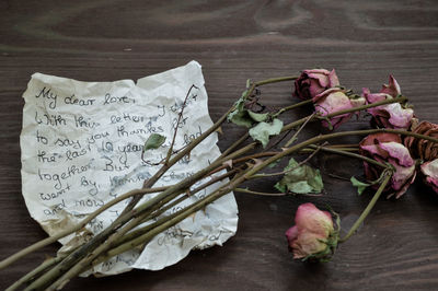 High angle view of roses on table