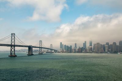 View of suspension bridge in city