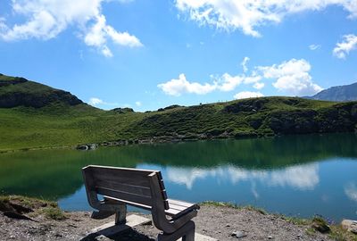 Scenic view of lake by mountains against sky