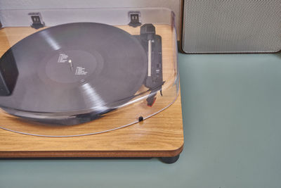 High angle view of telephone on table