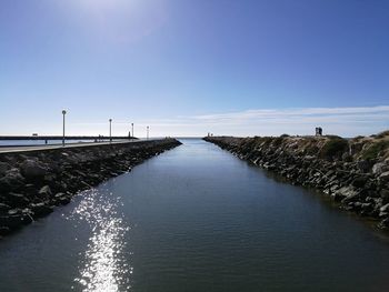 Scenic view of sea against clear blue sky