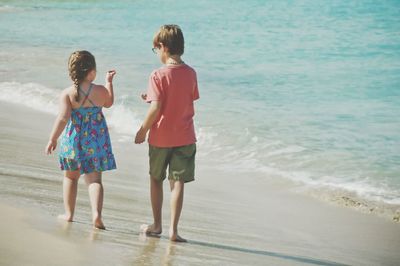 Rear view of siblings walking on beach