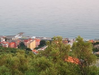 High angle view of town against sky