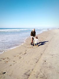 People on beach against clear sky