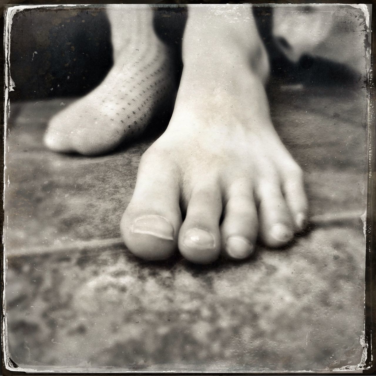 transfer print, person, auto post production filter, part of, close-up, indoors, human finger, low section, men, cropped, human foot, barefoot, love, lifestyles, togetherness