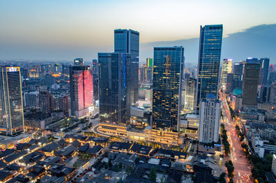 High angle shot of illuminated cityscape