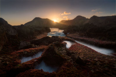 Scenic view of waterfall against sky during sunset