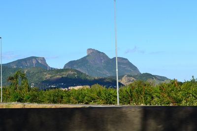 Scenic view of lake and mountains against clear sky