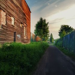 Road amidst trees and buildings against sky