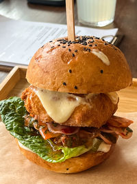 Close-up of burger in plate