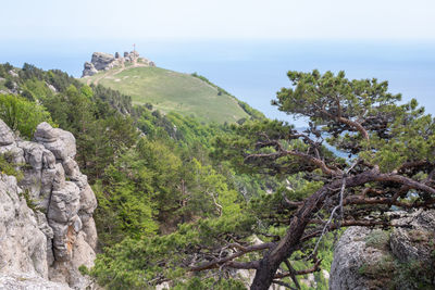 Scenic view of mountains and sea against sky