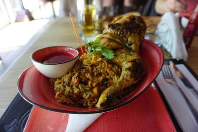 Close-up of food served on table