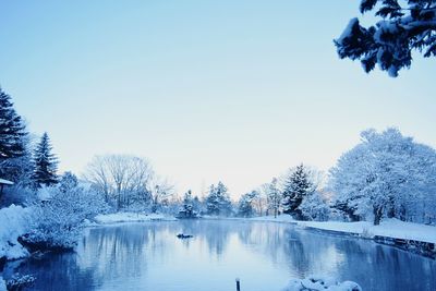 Scenic view of calm lake against clear sky