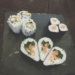 High angle view of sushi served on table