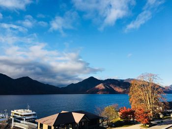 Scenic view of lake against blue sky