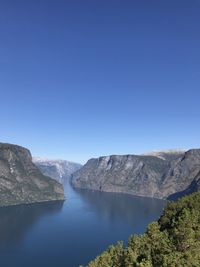 Scenic view of mountains against clear blue sky