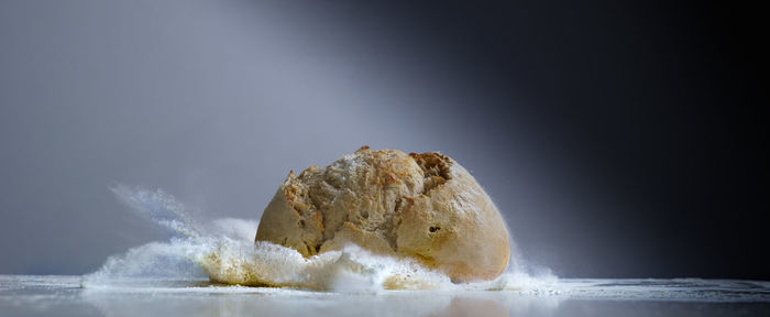 Craft bread splash over flour upon table