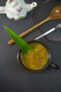 High angle view of soup in bowl on table