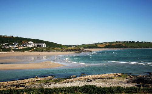 Scenic view of sea against clear blue sky