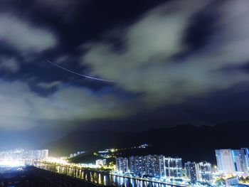 Illuminated cityscape against cloudy sky