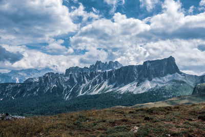 Scenic view of mountains against cloudy sky