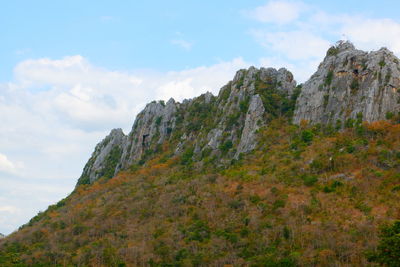 Low angle view of rock formation against sky