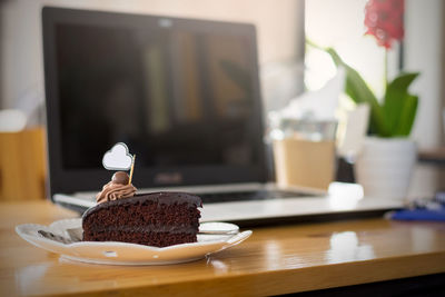 Close-up of chocolate cake on table