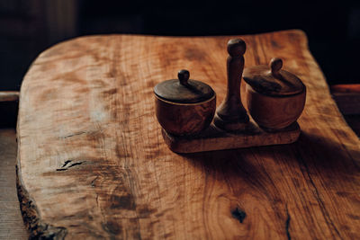 High angle view of objects on table