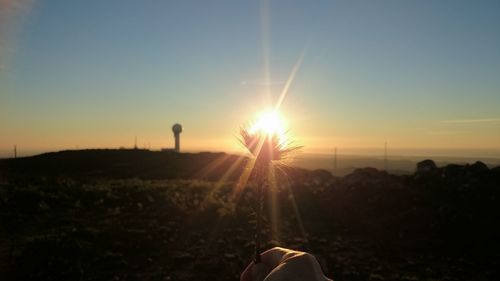 Sun shining over agricultural field against sky during sunset