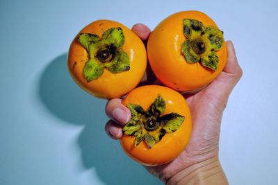 Close-up of hand holding fruit against white background