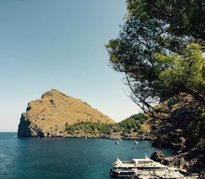 Scenic view of bay against clear sky