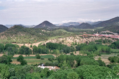 High angle view of landscape and mountains against sky