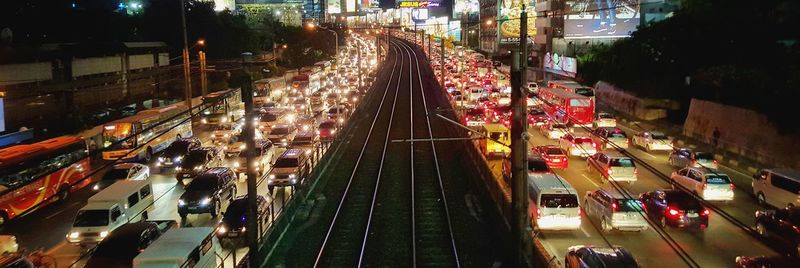 High angle view of traffic on road at night