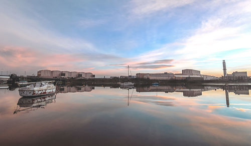 Scenic view of river against sky at sunset