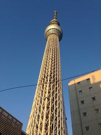 Low angle view of modern building against blue sky
