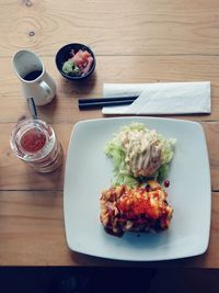 High angle view of food served on table