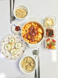 High angle view of breakfast served on table