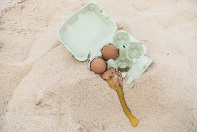 High angle view of eggs in carton on sand at beach