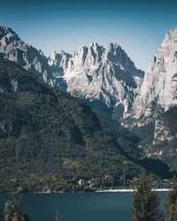 Scenic view of snowcapped mountains against clear sky