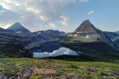 Scenic view of mountains and lake against sky