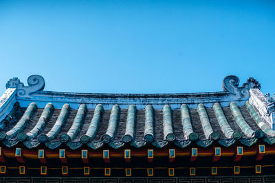 Low angle view of building roof against clear blue sky