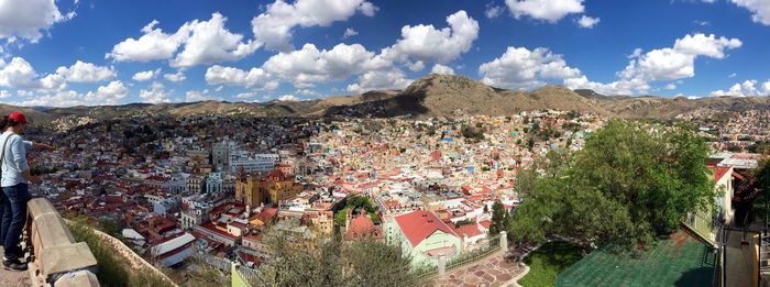 High angle shot of townscape against sky